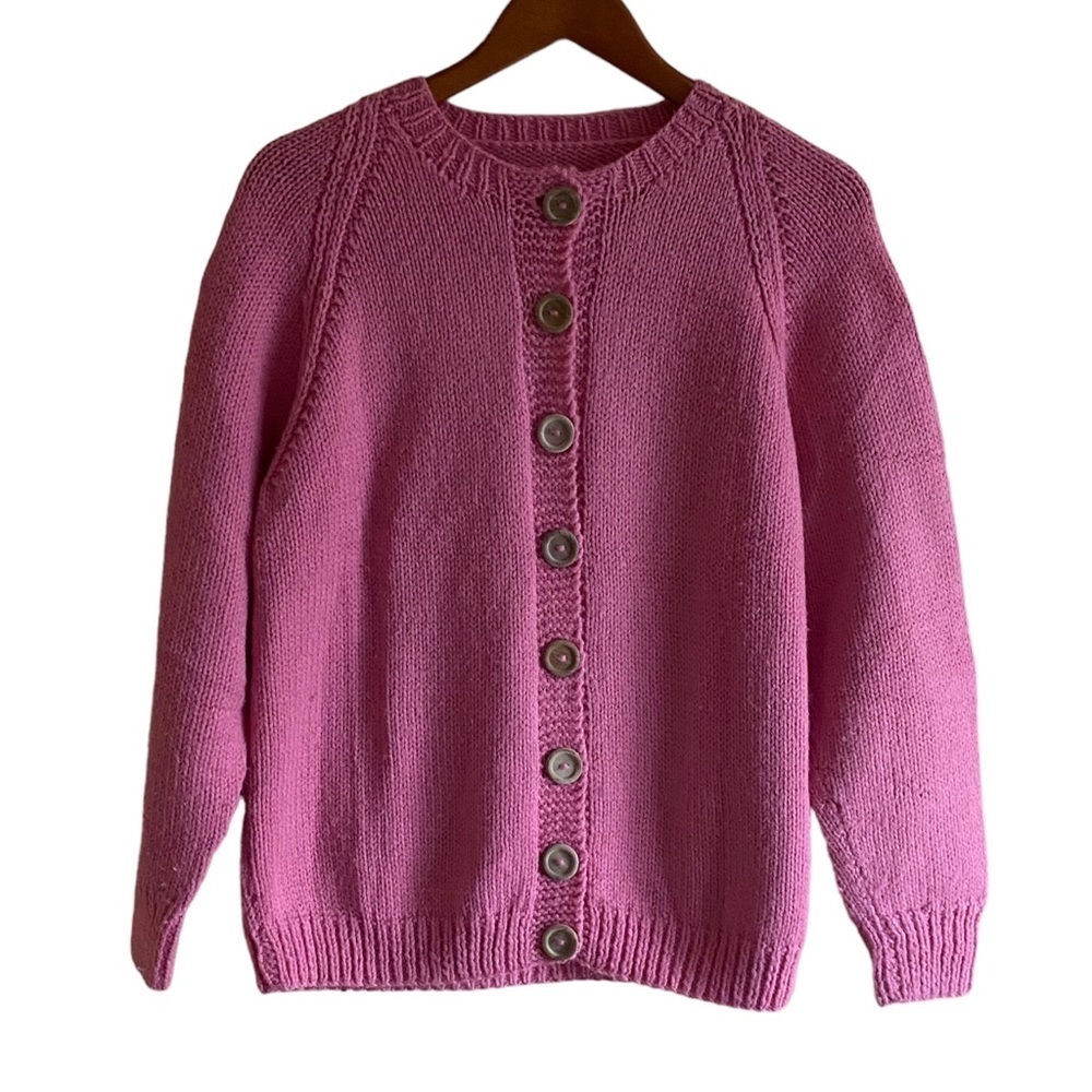 HANDMADE Button Front Chunky Knit Cardigan Dusty Pink Size Large Wood Button
